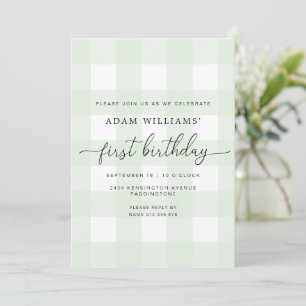 Mint Green Gingham First Birthday Invitation Kaart