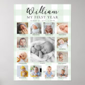 Mint Green Gingham First Birthday Photo Timeline Poster (Voorkant)