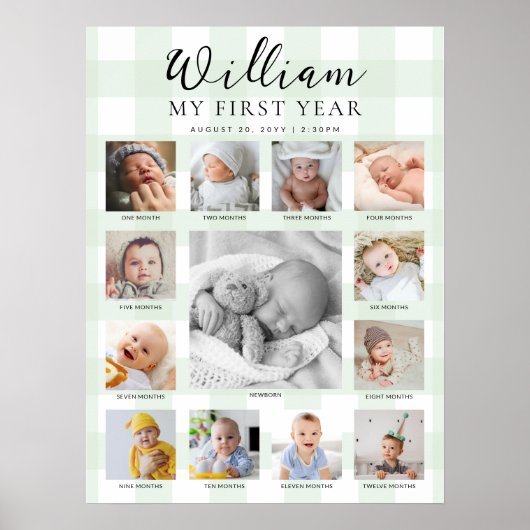 Mint Green Gingham First Birthday Photo Timeline Poster (Voorkant)