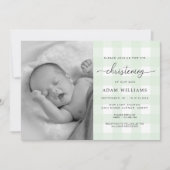 Mint Green Gingham Foto Christening Uitnodiging (Voorkant)