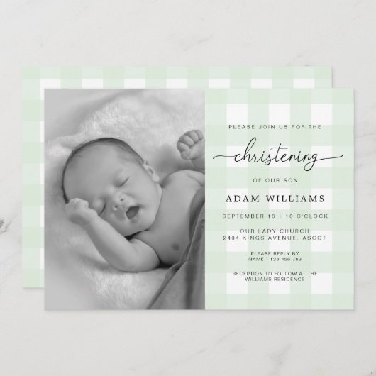 Mint Green Gingham Foto Christening Uitnodiging (Voorkant / Achterkant)