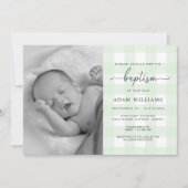 Mint Green Gingham Photo Baptism Invitation Kaart (Voorkant)