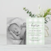Mint Green Gingham Photo Baptism Invitation Kaart (Staand voorkant)