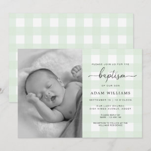 Mint Green Gingham Photo Baptism Invitation Kaart