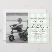 Mint Green Gingham Photo Birthday Invitation Kaart (Voorkant)