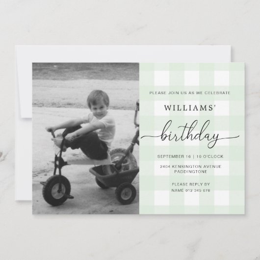 Mint Green Gingham Photo Birthday Invitation Kaart (Voorkant)