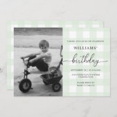 Mint Green Gingham Photo Birthday Invitation Kaart (Voorkant / Achterkant)