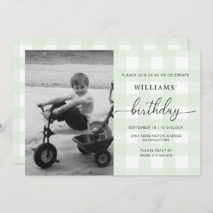 Mint Green Gingham Photo Birthday Invitation Kaart
