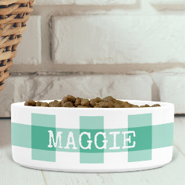 Mint Green Gingham Plaid Gepersonaliseerde Hond Voerbakje