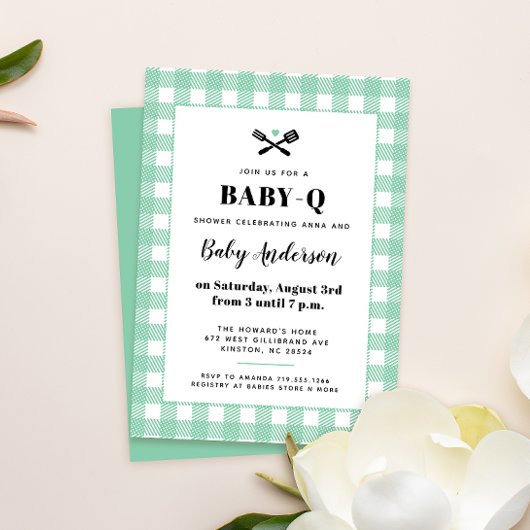Mint Green Gingham Pset Baby shower BBQ Kaart