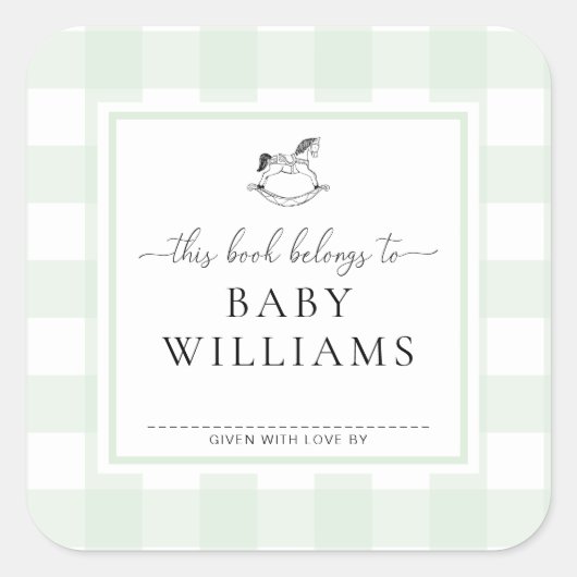 Mint Green Gingham Rocking Horse Bookplate Sticker (Voorkant)
