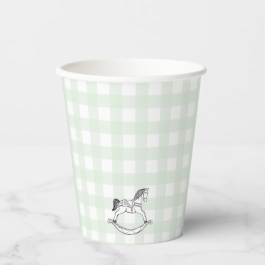 Mint Green Gingham Rocking Horse Paper cup Papieren Bekers (Voorkant)