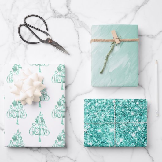 Mint Green Glam Glitter Kerstmis Inpakpapier Vel (Voorkant)