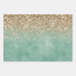 Mint Green Glam Gold Sparkle Glitter Inpakpapier Vel