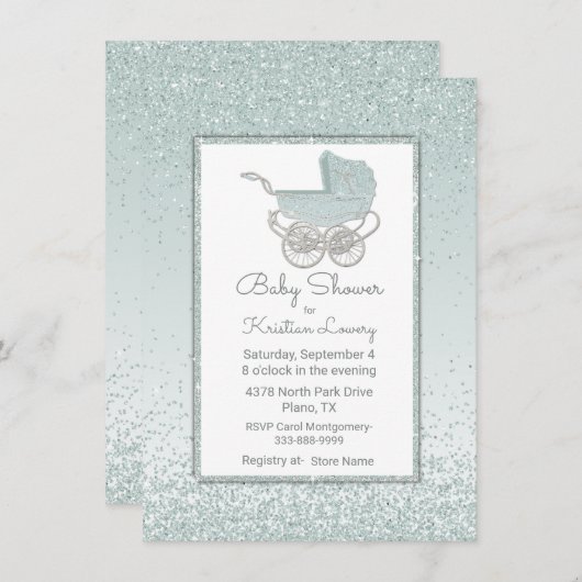 Mint Green Glitter Baby shower Invitation Kaart (Voorkant / Achterkant)
