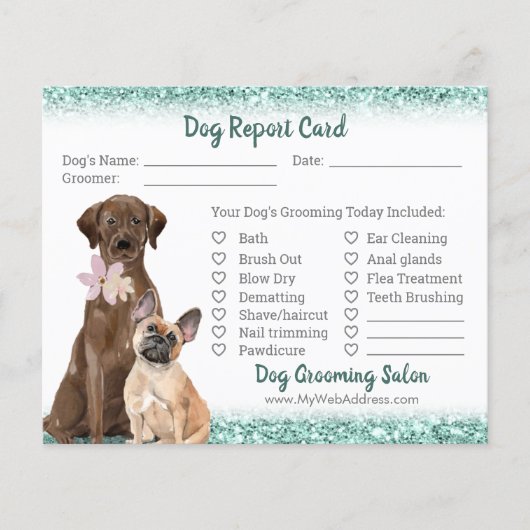 Mint Green Glitter Dog Grooming Report Kaart Flyer (Voorkant)