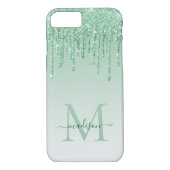 Mint Green Glitter Drift Sparkle Monogram Manuscri Case-Mate iPhone Case (Achterkant)