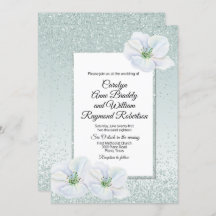 Mint Green Glitter en Bloemen Huwelijksuitnodiging