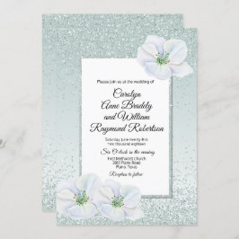 Mint Green Glitter en Bloemen Huwelijksuitnodiging Kaart
