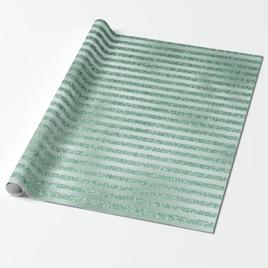 Mint Green Glitter Ombre Stripes Cadeaupapier (Uitgerold)