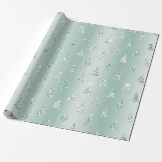 Mint Green Glitter Sparkle Kerstbomen Cadeaupapier (Uitgerold)