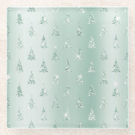 Mint Green Glitter Sparkle Kerstbomen Glazen Onderzetter (Voorkant)
