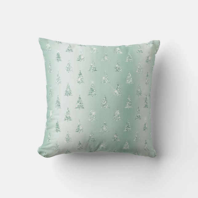Mint Green Glitter Sparkle Kerstbomen Kussen (Voorkant)