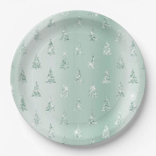 Mint Green Glitter Sparkle Kerstbomen Papieren Bordje (Voorkant)