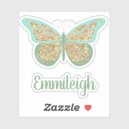 Mint Green Glittery Gold Butterfly Name Sticker