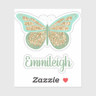 Mint Green Glittery Gold Butterfly Name Sticker