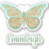 Mint Green Glittery Gold Butterfly Name Sticker (Voorkant)