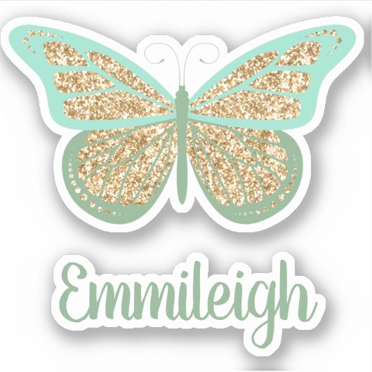 Mint Green Glittery Gold Butterfly Name Sticker (Voorkant)