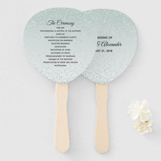 Mint Green Glittery Wedding Program Fan Handwaaier (Voorkant en achterkant)