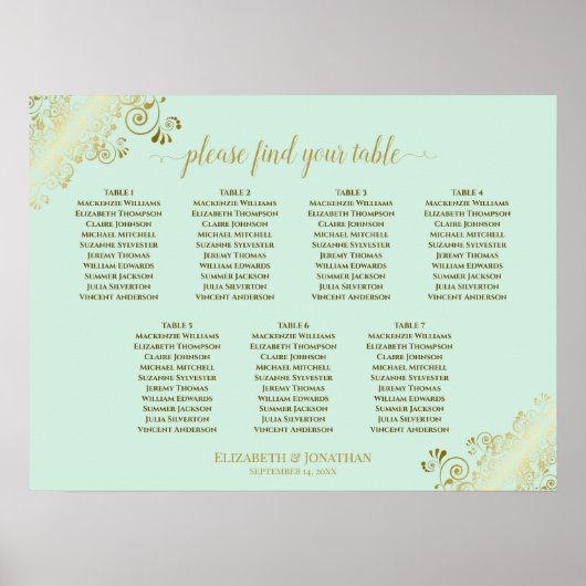Mint Green & Gold 7 Table Wedding Seating Chart Poster (Voorkant)