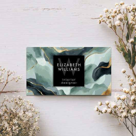 Mint Green Gold Abstract Monogram Business Cards Visitekaartje