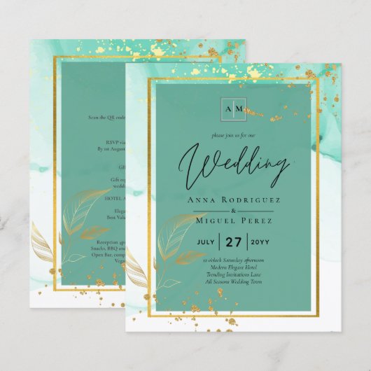 Mint Green Gold Alcohol Ink Abstract Wedding (Voorkant / Achterkant)