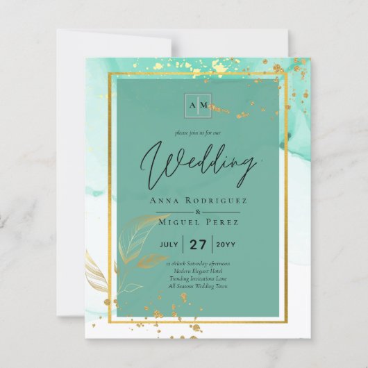 Mint Green Gold Alcohol Ink Abstract Wedding (Voorkant)