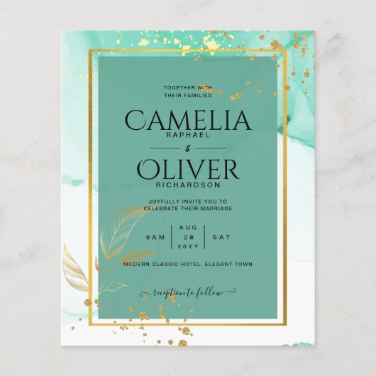 Mint Green Gold Alcohol Ink Abstract Wedding Flyer (Voorkant)