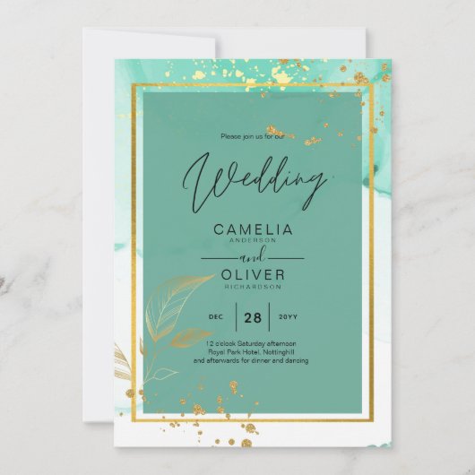 Mint Green Gold Alcohol Ink Abstract Wedding Kaart (Voorkant)