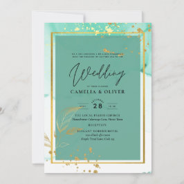 Mint Green Gold Alcohol Ink Abstract Wedding Kaart
