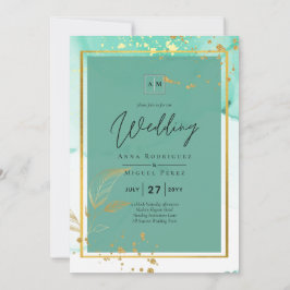 Mint Green Gold Alcohol Ink Abstract Wedding Kaart