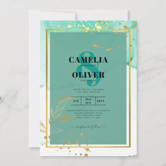 Mint Green Gold Alcohol Ink Abstract Wedding Kaart (Voorkant)