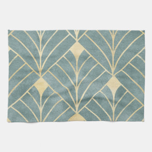 Mint Green, gold, Art Deco pattern, vintage, retro Theedoek