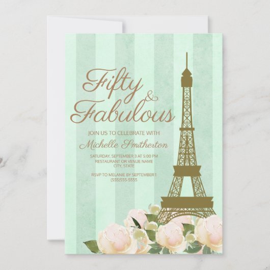 Mint Green Gold Eiffel Tower 50th Birthday Kaart (Voorkant)