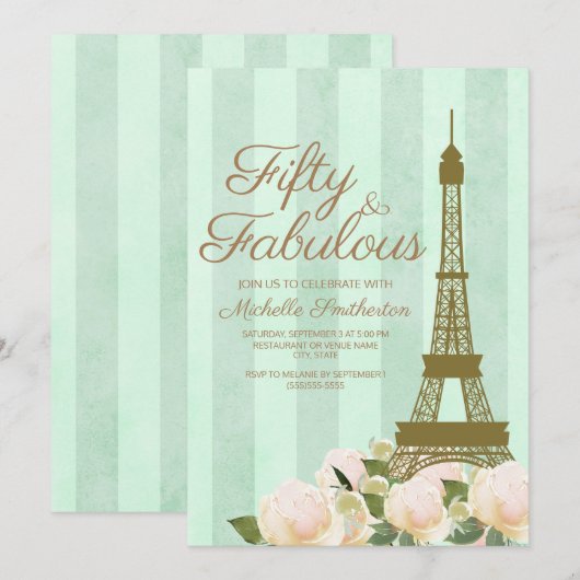 Mint Green Gold Eiffel Tower 50th Birthday Kaart (Voorkant / Achterkant)