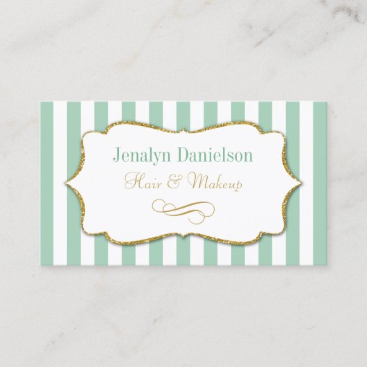 Mint Green Gold Elegant Stripe Visitekaartjes Sage (Voorkant)