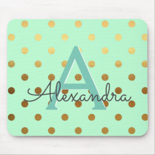 Mint Green & Gold Foil Polka Dots Monogram Name Muismat