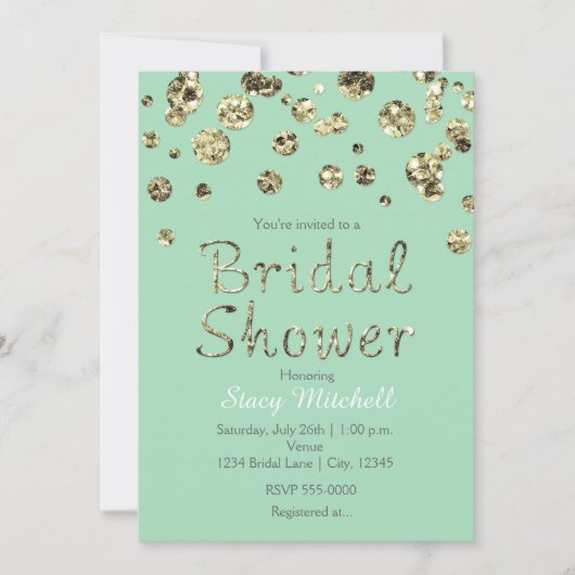 Mint Green Gold Glitter Bridal Shower-uitnodiging Kaart (Voorkant)