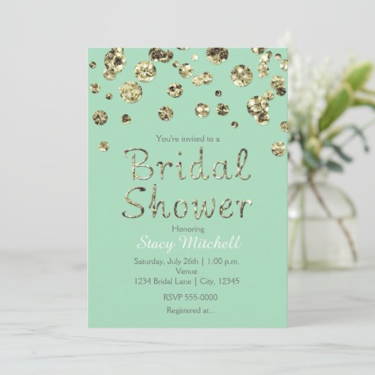 Mint Green Gold Glitter Bridal Shower-uitnodiging Kaart (Staand voorkant)