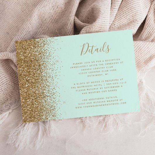Mint Green Gold Glitter Wedding Details Informatiekaartje